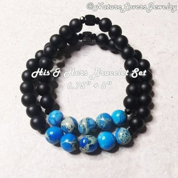 His & Hers Bracelet Set! Couples + Partners! Blue Sea Sediment Jasper 6.75" + 8" - Picture 1 of 8